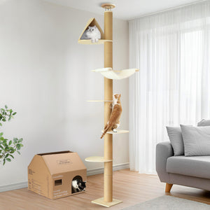 FUKUMARU Floor to Ceiling Cat Tree, 6 Level Adjustable Height (7 - 10 ft) - Beige - FUKUMARU