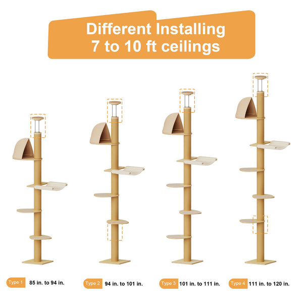 FUKUMARU Floor to Ceiling Cat Tree, 6 Level Adjustable Height (7 - 10 ft) - Beige - FUKUMARU